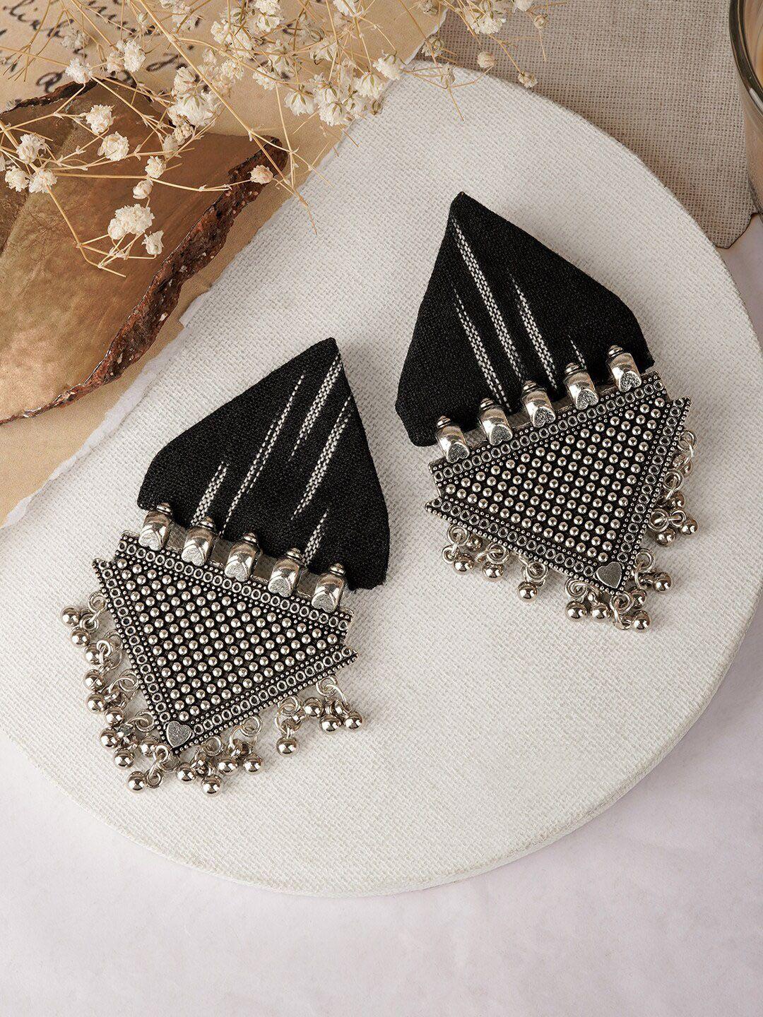 teejh nandini silver-plated oxidised contemporary drop earrings