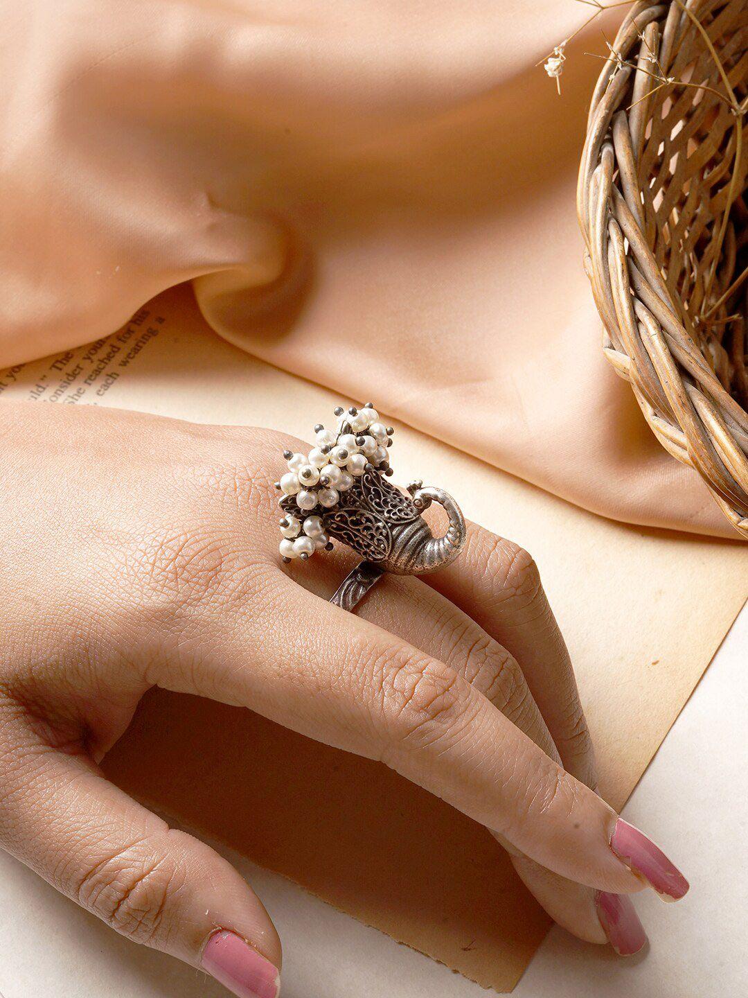 teejh oxidised silver-plated & white pearl beaded advika dancing peacock finger ring
