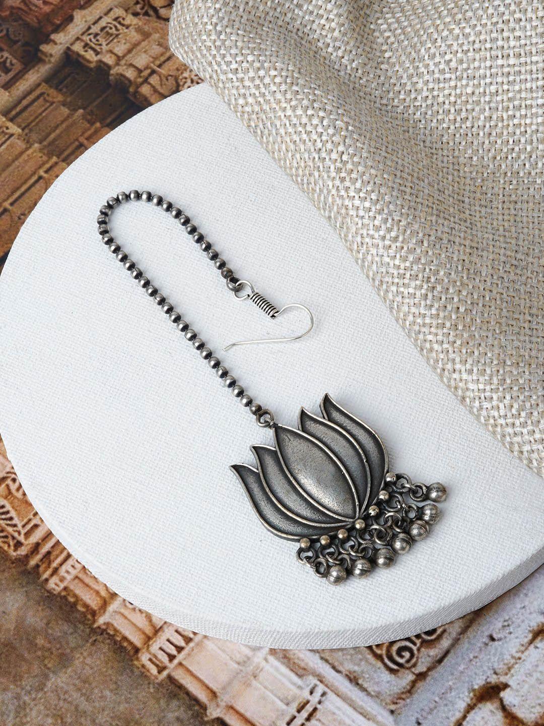 teejh oxidised silver-plated lotus oxidised maangtikka