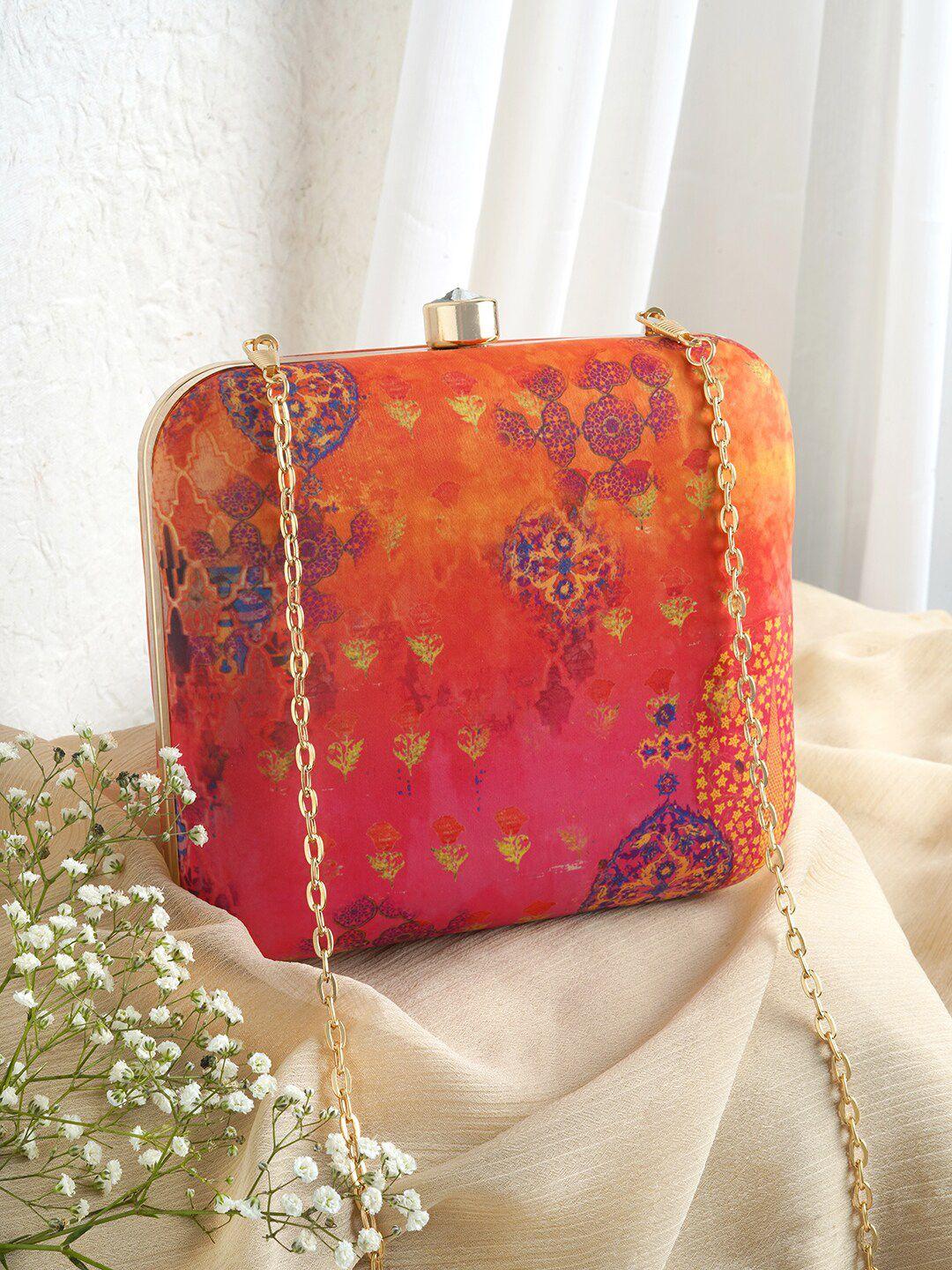 teejh printed box clutch with shoulder strap