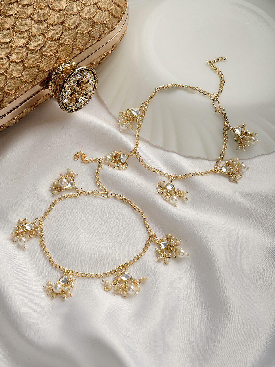 teejh rinikaa gold-plated pearls-studded  polki anklets