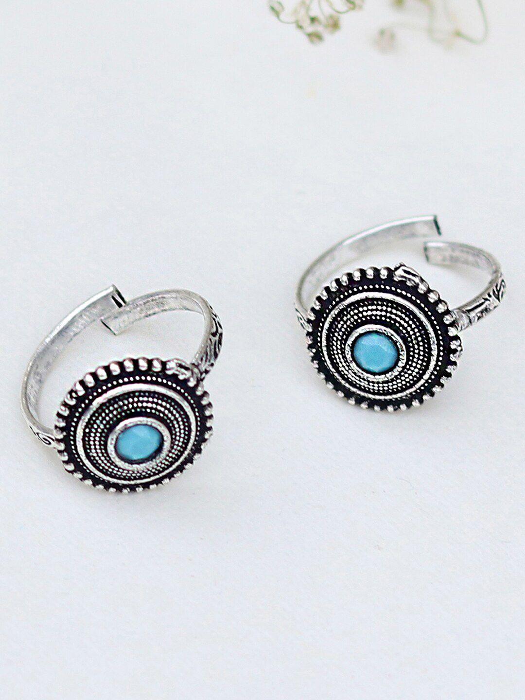 teejh set of 2 oxidised silver-plated blue stone-studded toe rings