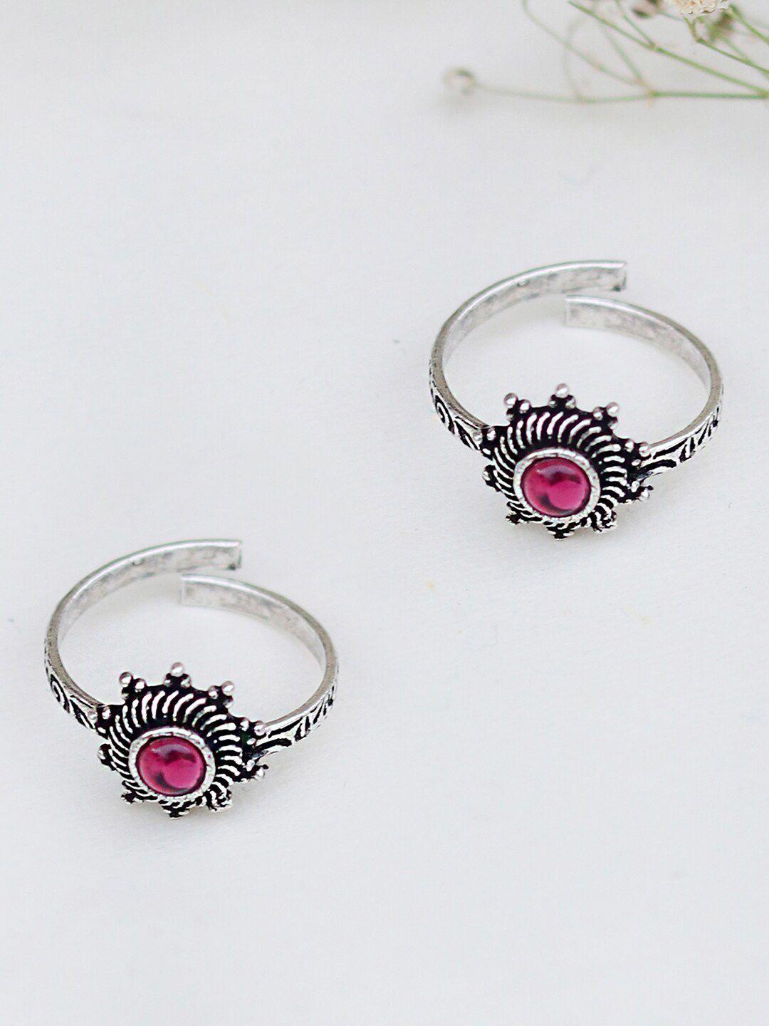 teejh set of 2 oxidised silver-plated pink stone-studded toe rings