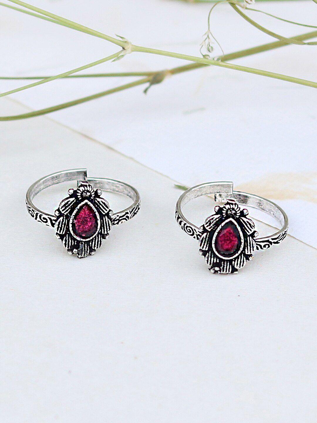 teejh set of 2 silver-plated pink stone-studded oxidised  toe rings