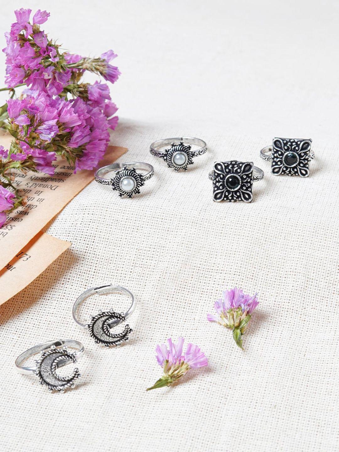 teejh set of 3 silver plated stone studded oxidised toe rings