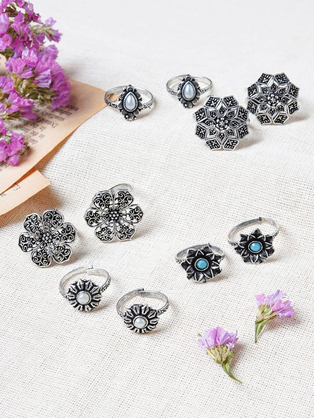 teejh set of 5 silver plated stone studded toe rings