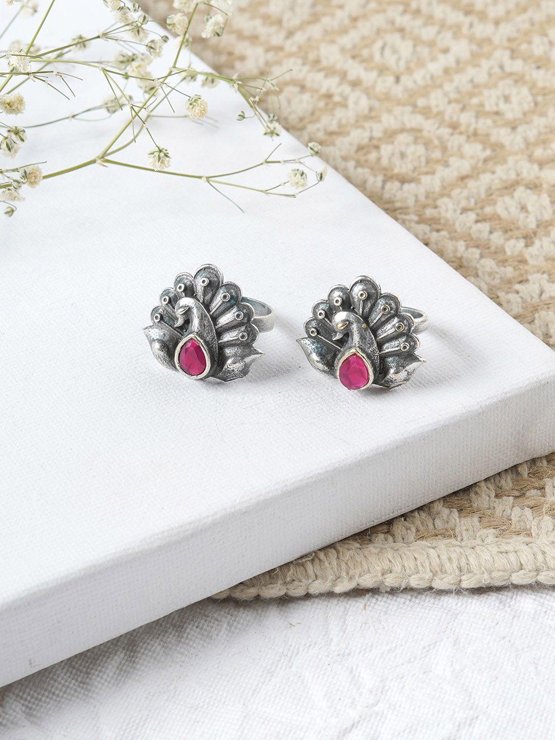 teejh silver-plated & pink indira german silver oxidized toe rings