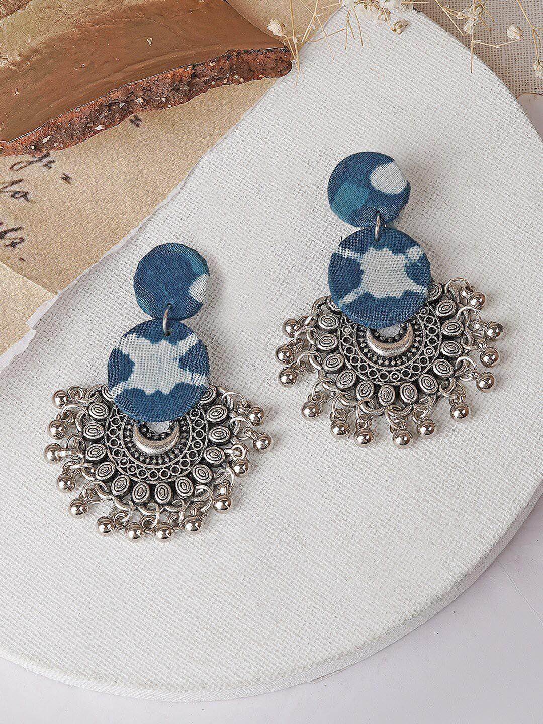 teejh silver-plated oxidised contemporary chandbalis earrings