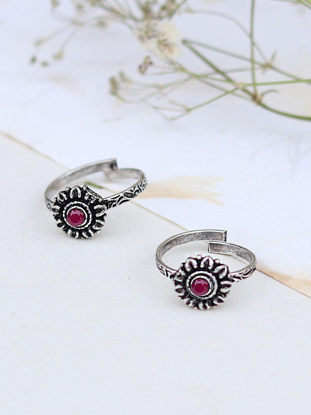 teejh silver-plated oxidised pink stone studded toe ring