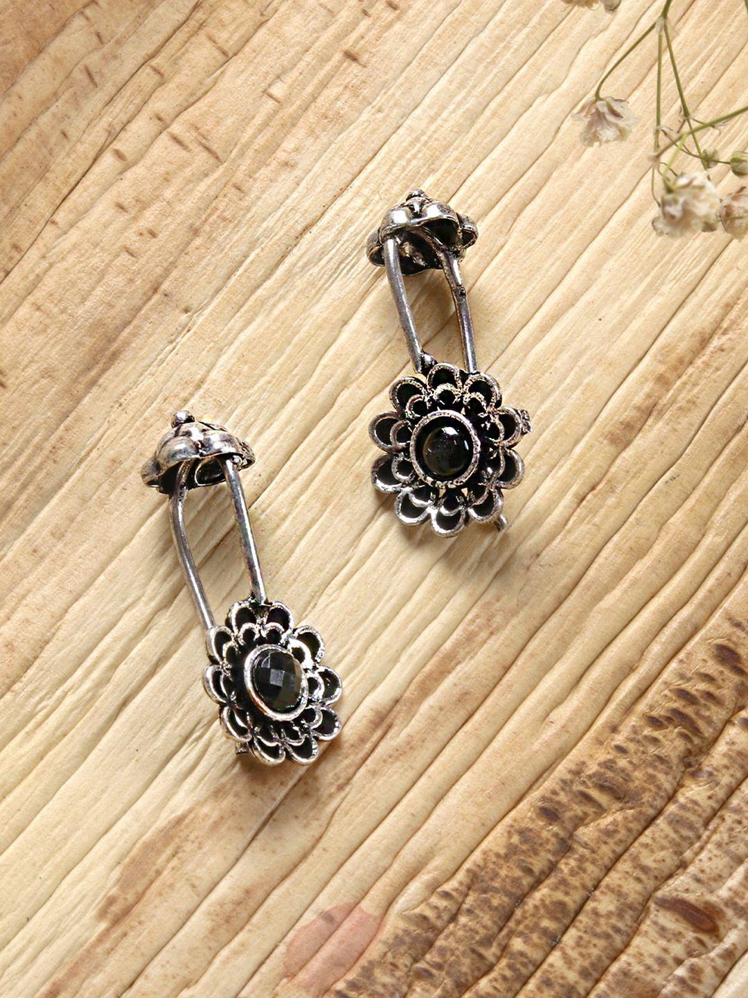 teejh silver-toned & black floral drop earrings