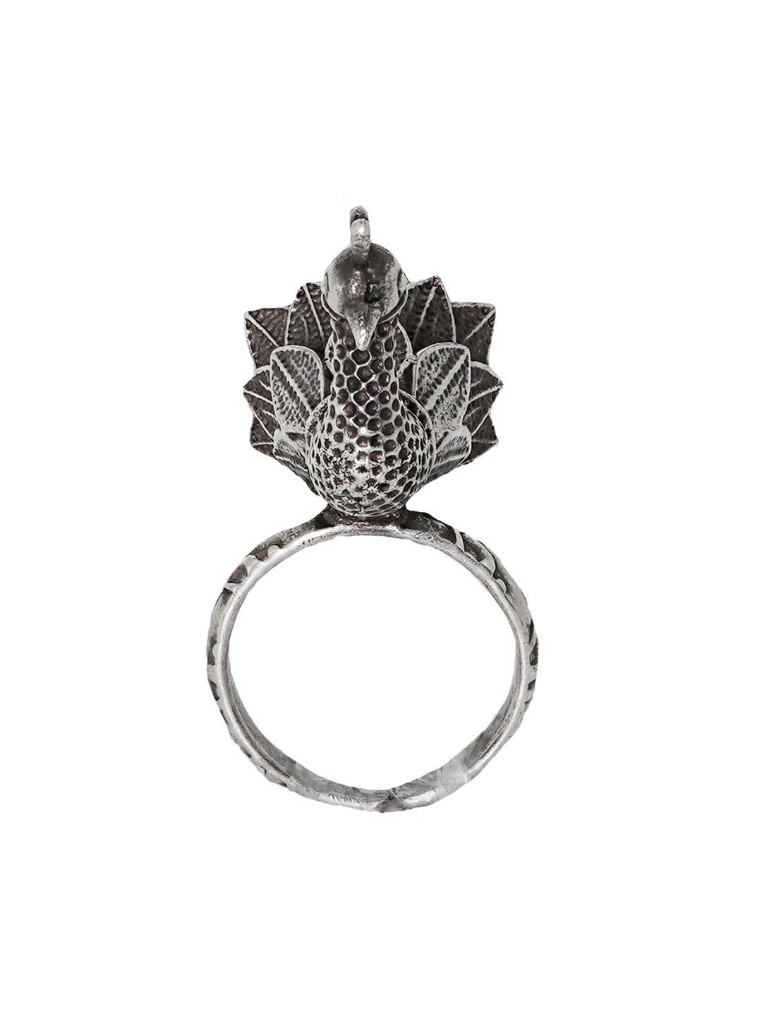 teejh sukriti antique silver oxidized peacock finger ring