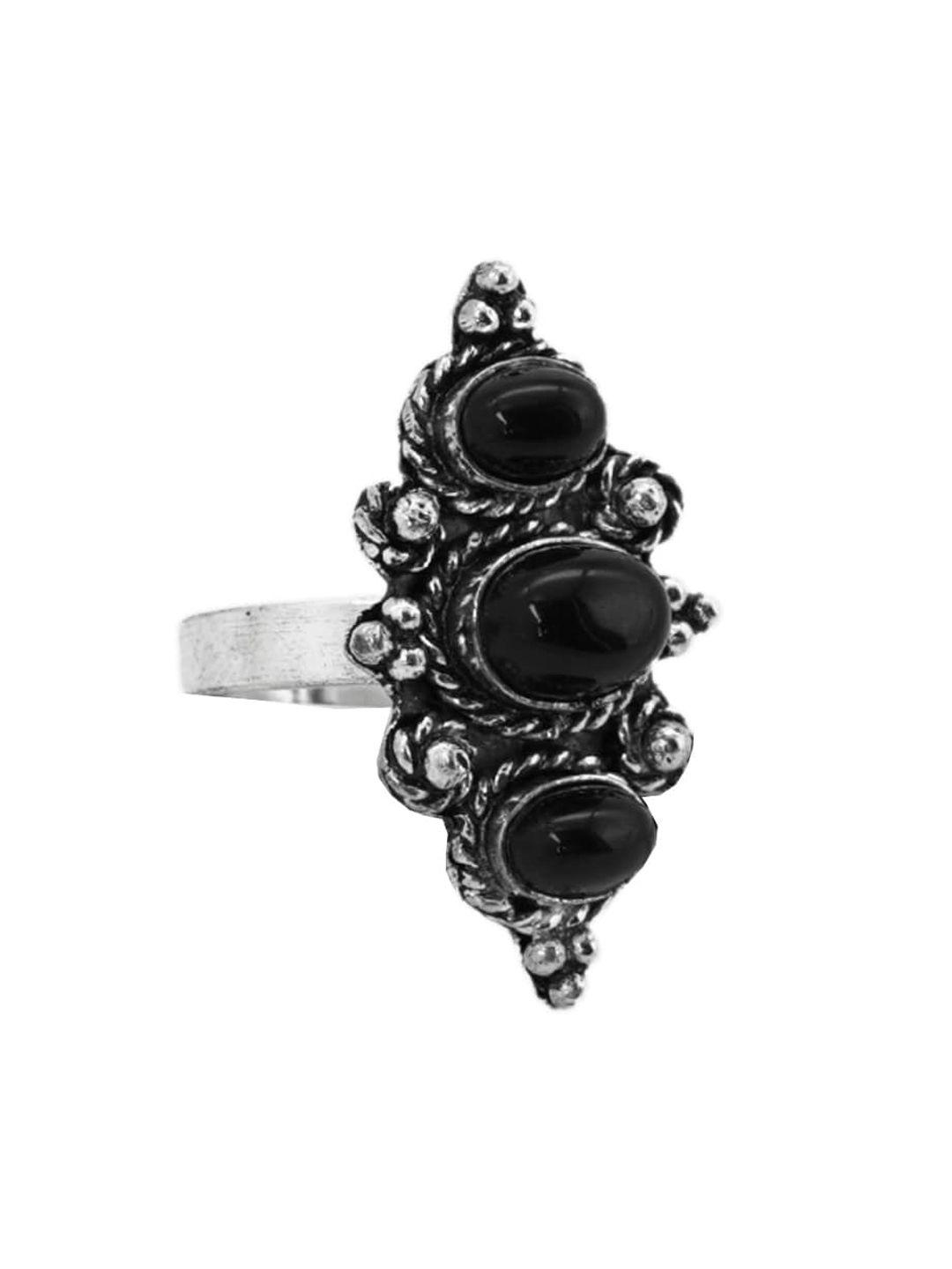 teejh women black & silver-toned alloy silver plated oxidized finger ring