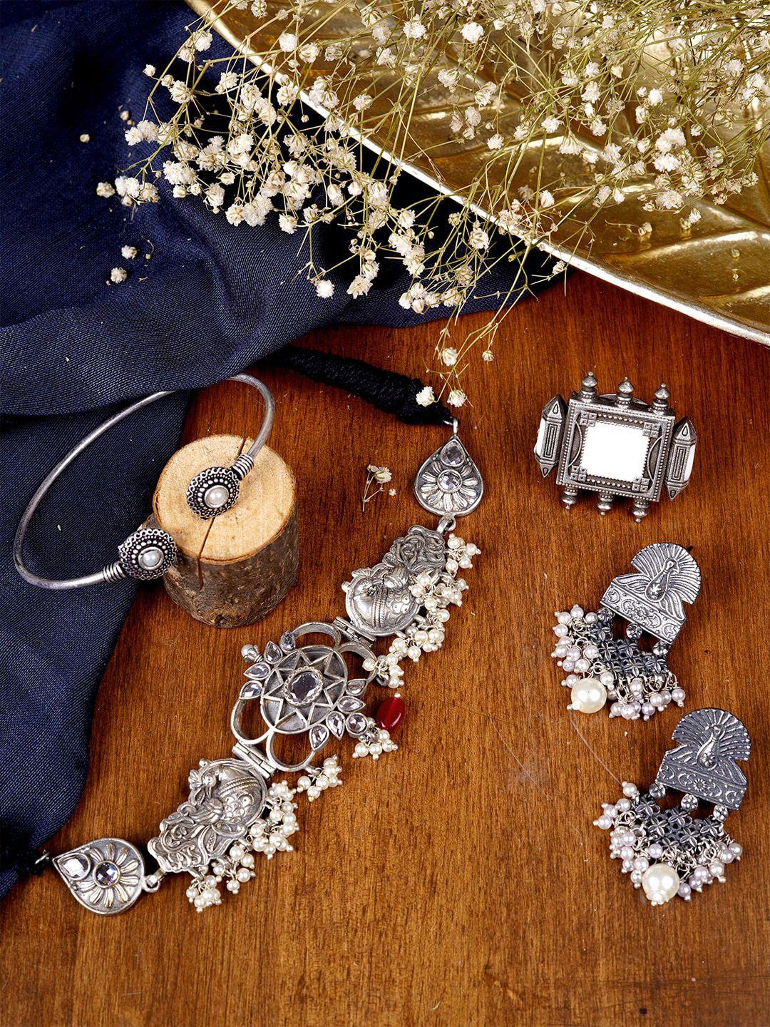 teejh women oxidised silver-toned & white stone-studded & beaded jewellery set