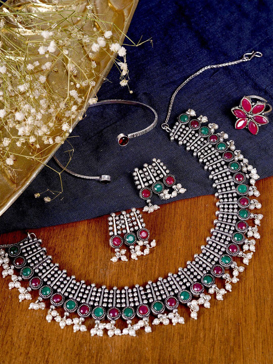 teejh women oxidized silver-toned & magenta stone-studded beaded jewellery set