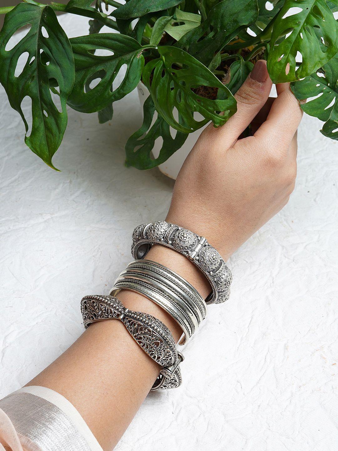 teejh women set of 3 silver-toned oxidised kada bracelet