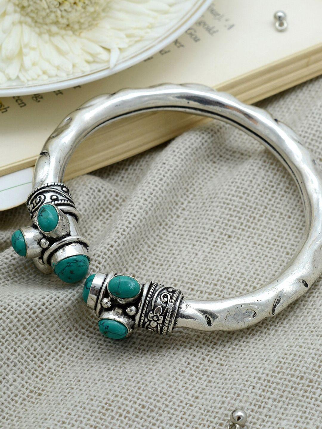 teejh women silver & turquoise blue german silver oxidised cuff bracelet