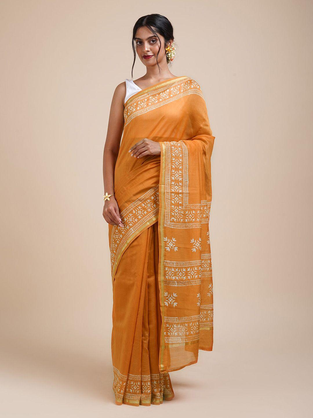 teejh zari silk block print cotton chanderi saree