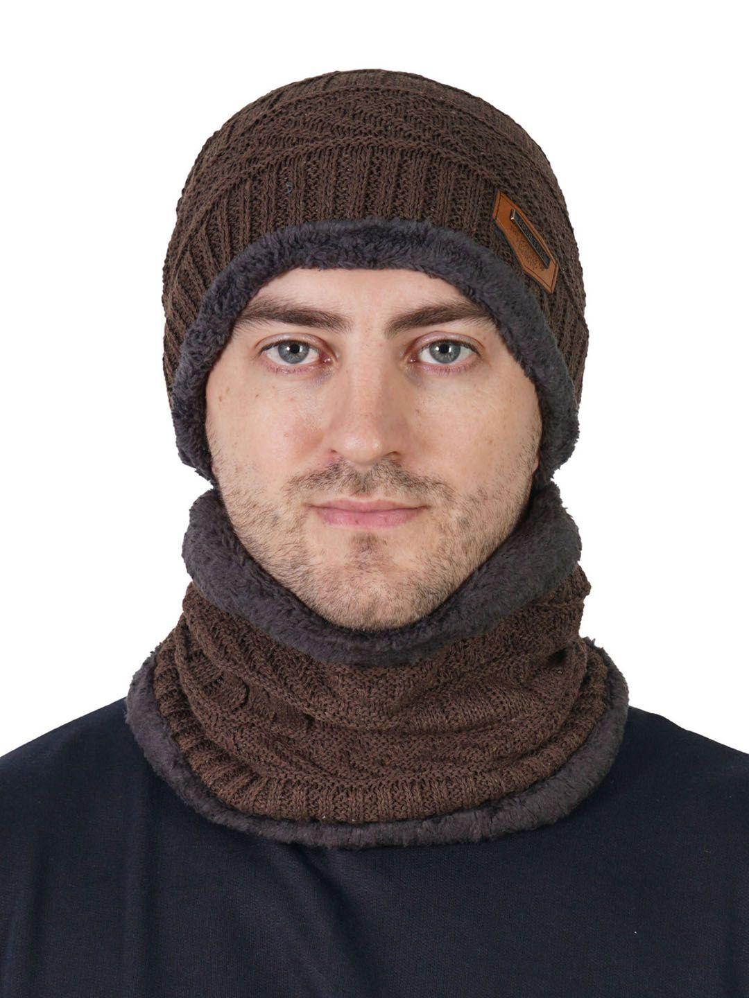 teemoods men self design woollen beanie cap with neck warmer
