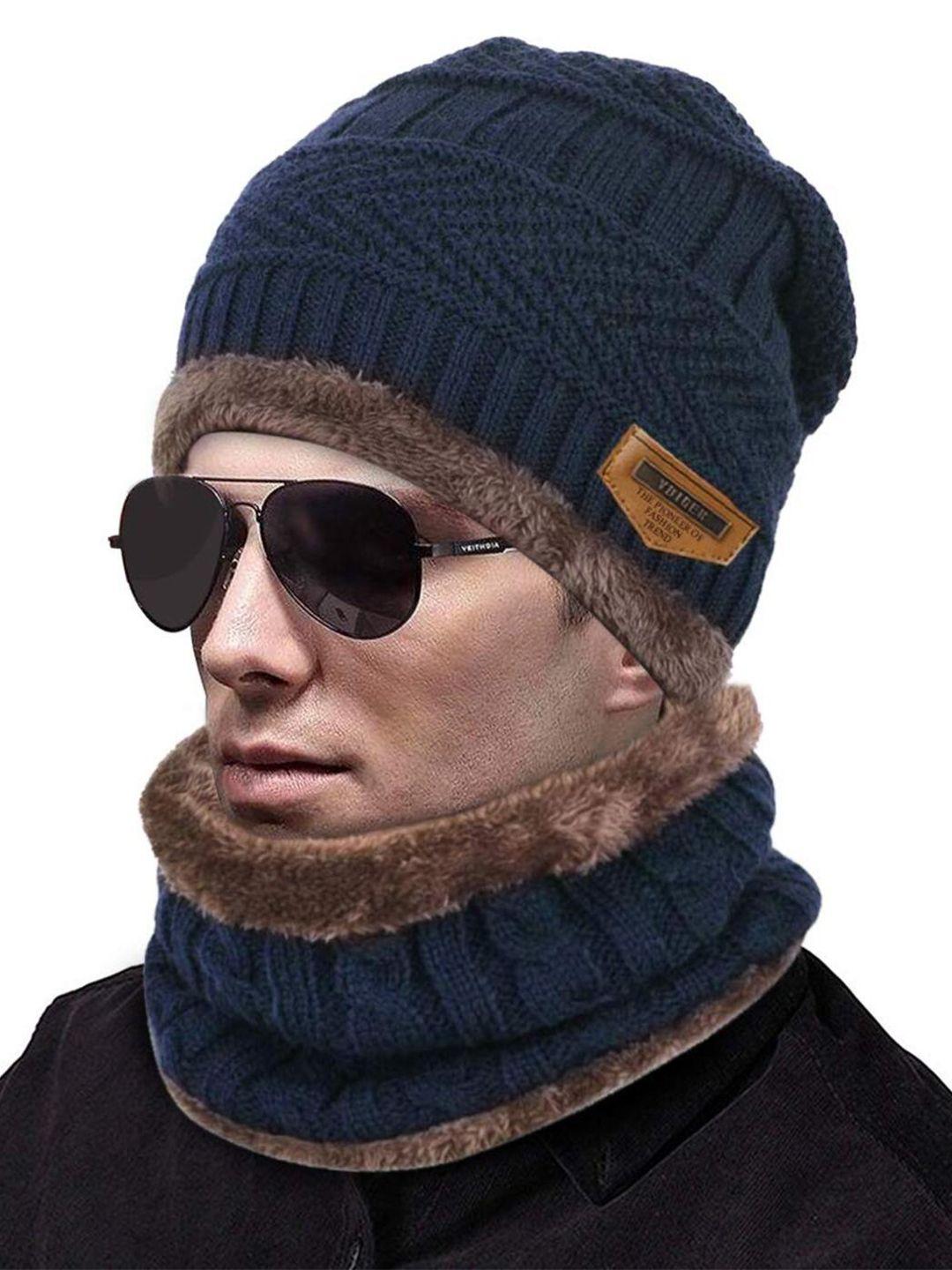 teemoods men self design woollen beanie cap with neck warmer