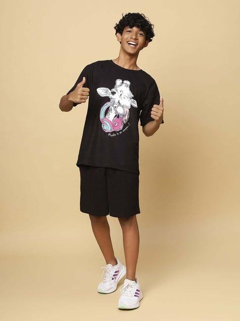 teentrums kids black printed t-shirt set