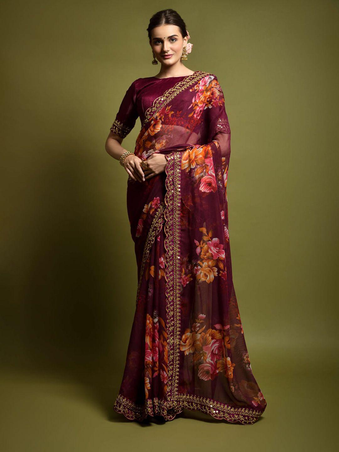 teeya creation floral embroidered sequinned pure georgette saree