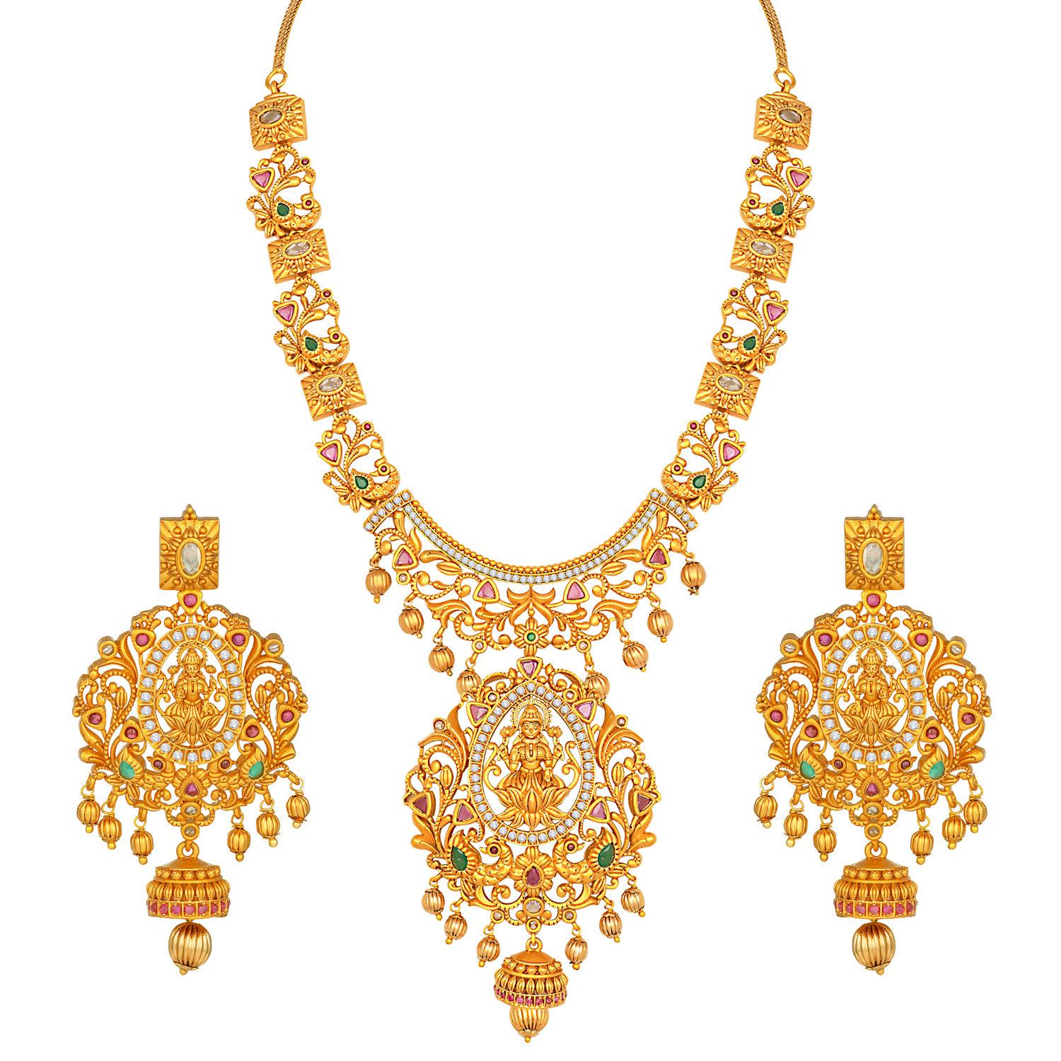 temple jewellerygold plated goddess laxmi long necklace & dangle earring set-pf42nan530rg