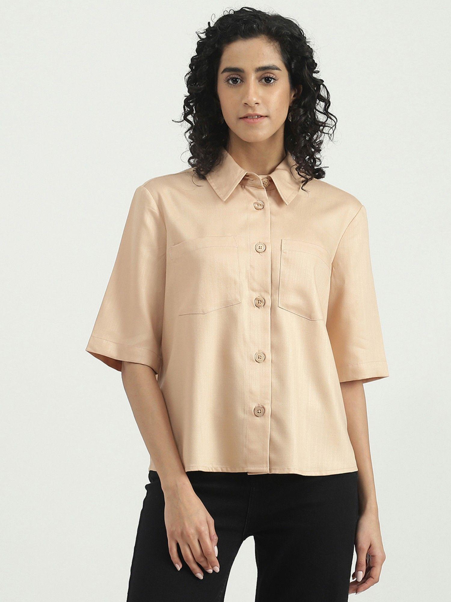 tencel beige solid collar neck women shirt