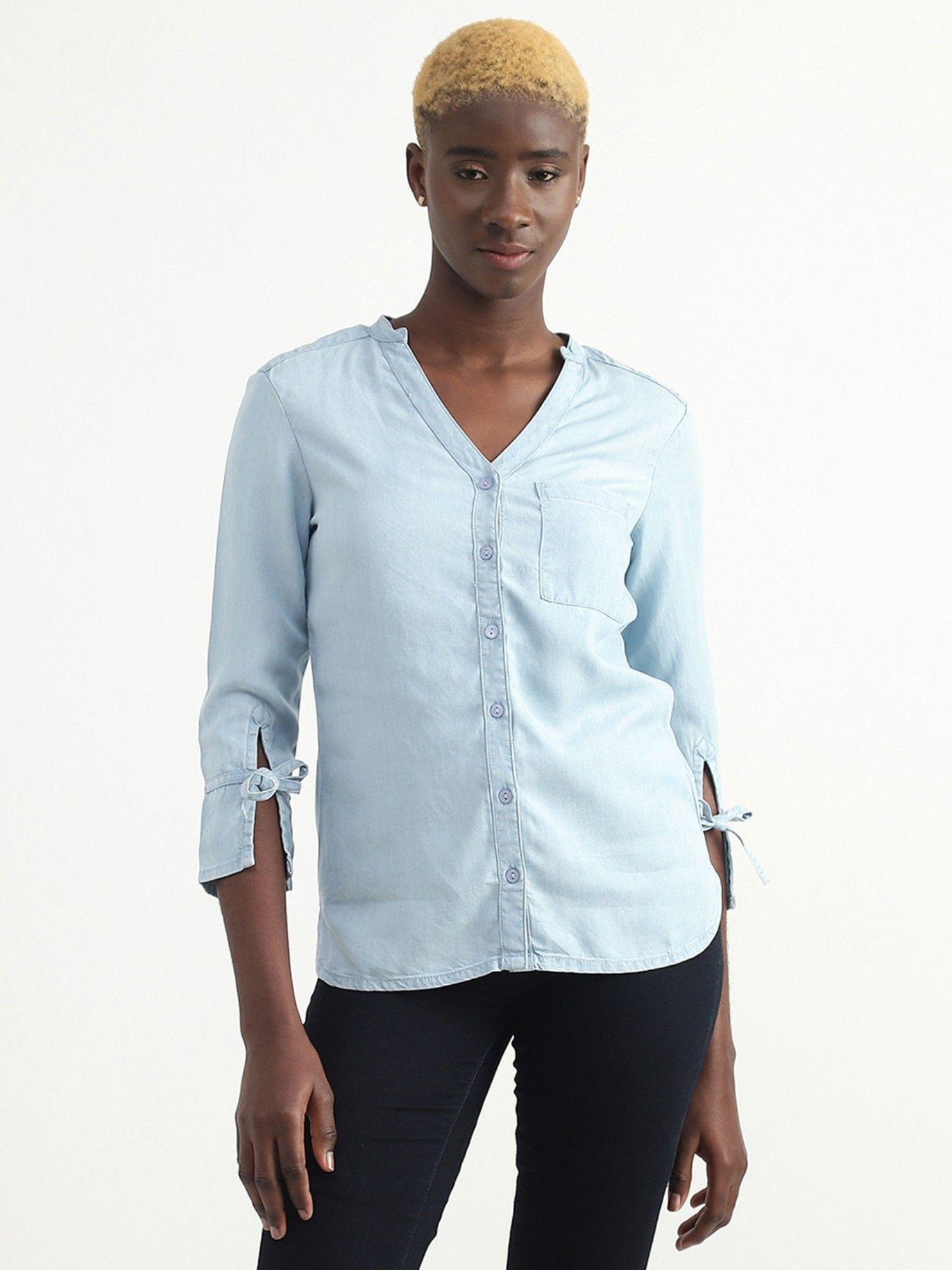 tencel blue solid v-neck women shirt