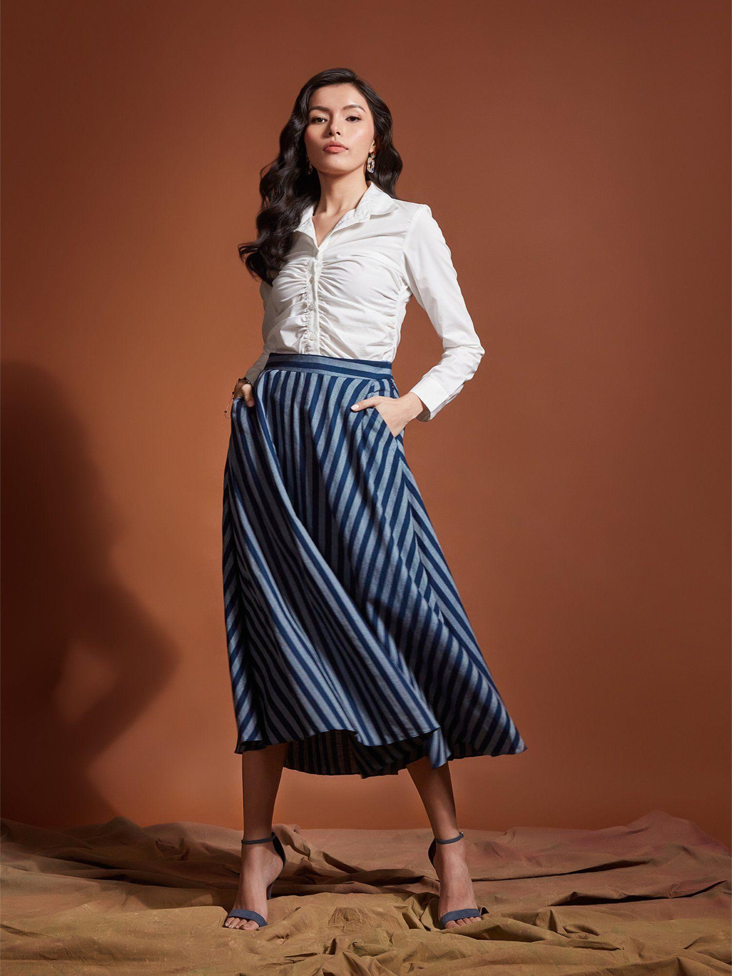 tencel navy blue stripe florence and pocket skirt