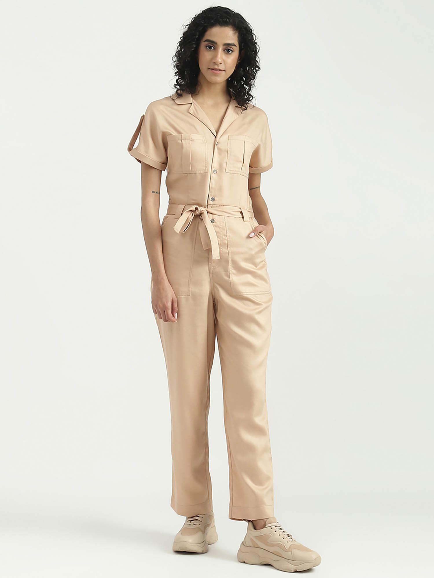 tencel solid brown notched lapel collar women jumpsuit (set of 2)