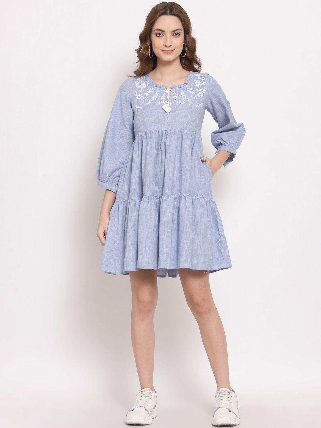 terquois blue embroidered a-line dress