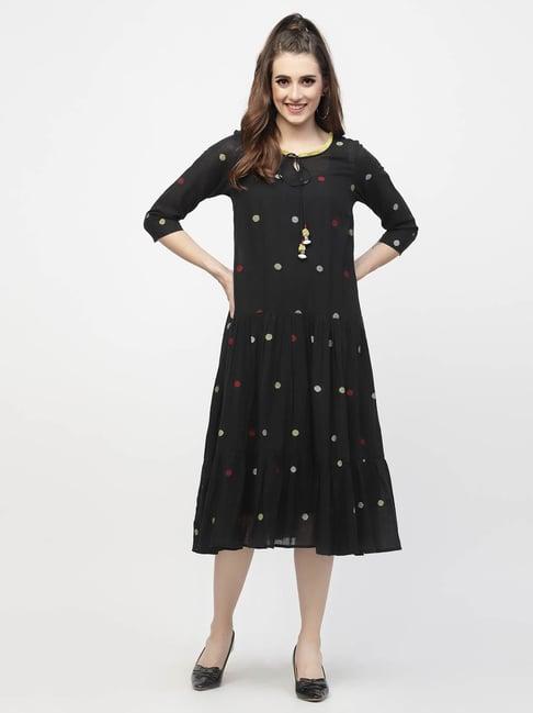 terquois black cotton polka dot print midi dress with inner slip