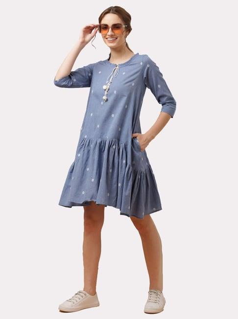 terquois blue self design midi peplum dress