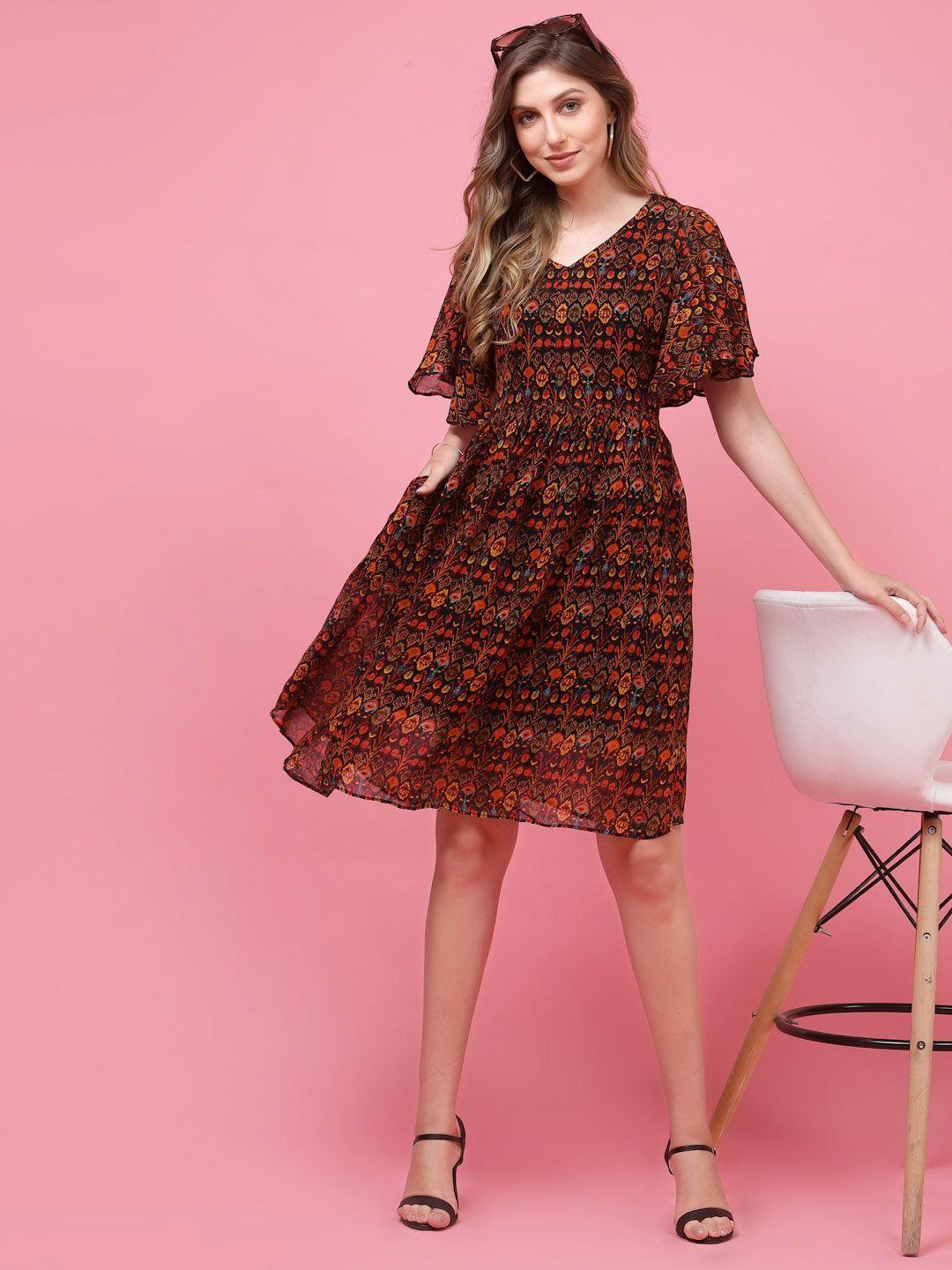 terquois ethnic motifs printed pure cotton v-neck dress