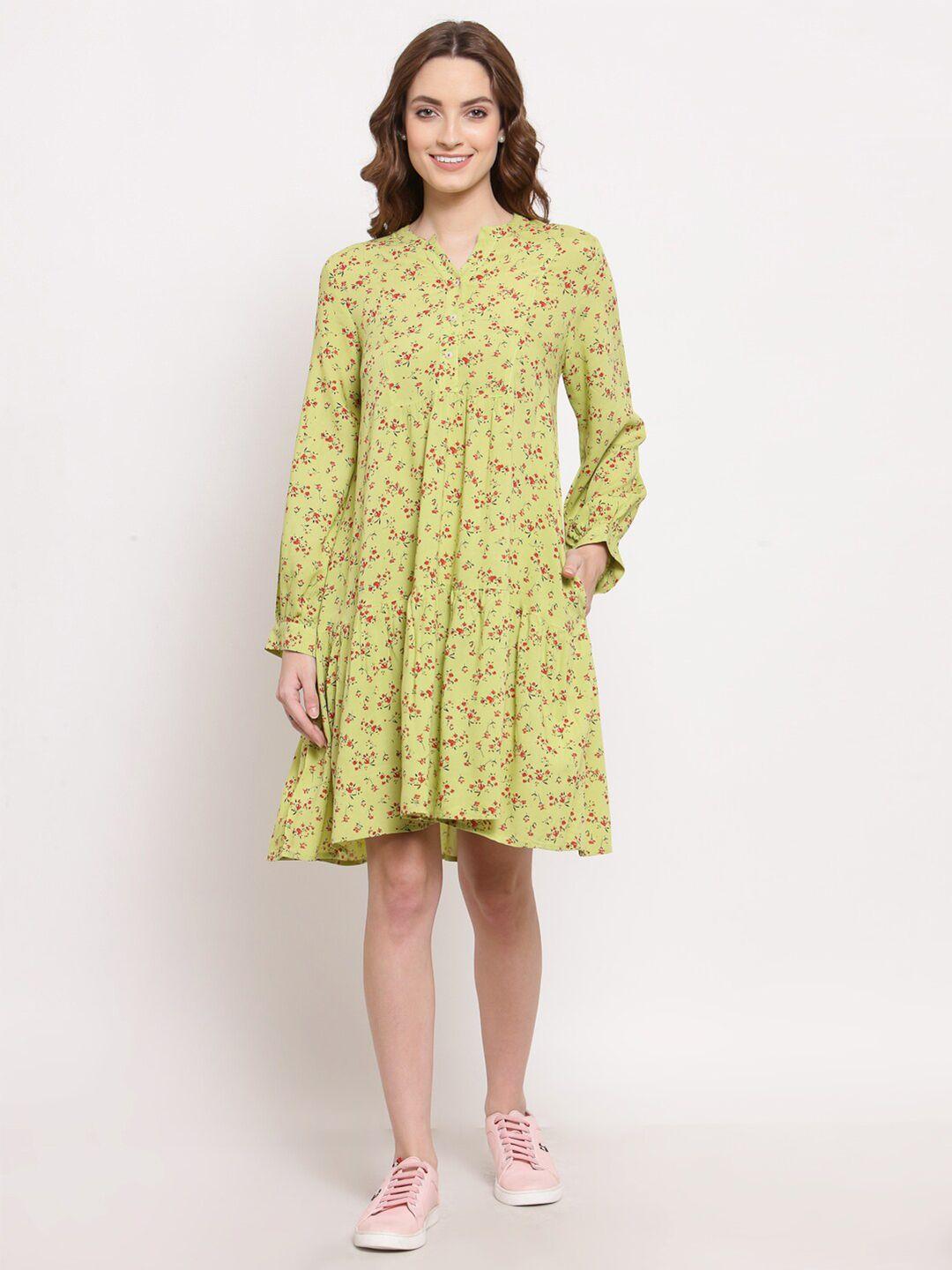 terquois green floral crepe a-line dress