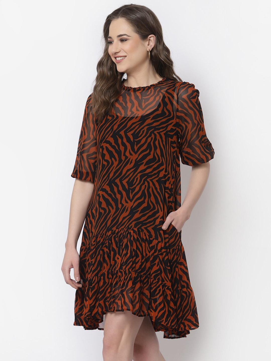 terquois multicoloured animal print georgette a-line dress
