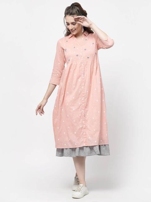 terquois pink cotton embroidered shirt dress with inner slip
