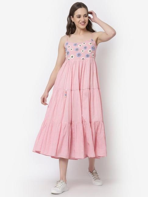 terquois pink embroidered midi dress