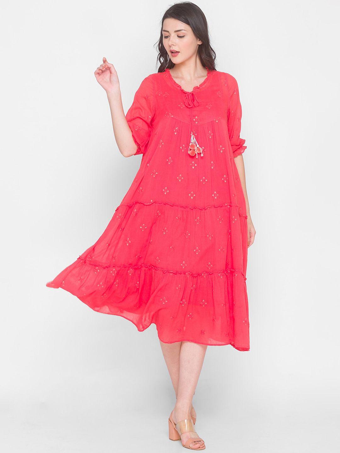 terquois red embellished tiered a-line midi dress