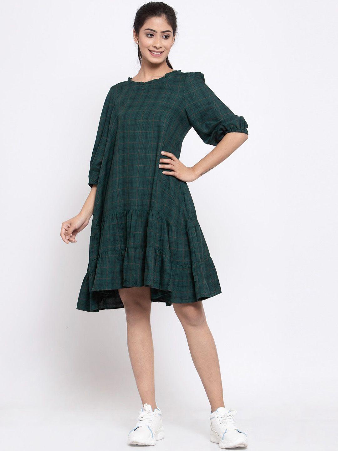 terquois women green checked viscose rayon oversized a-line dress