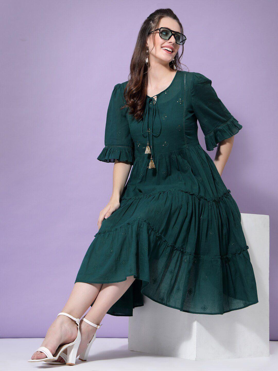 terquois women green tie-up neck cotton midi dress