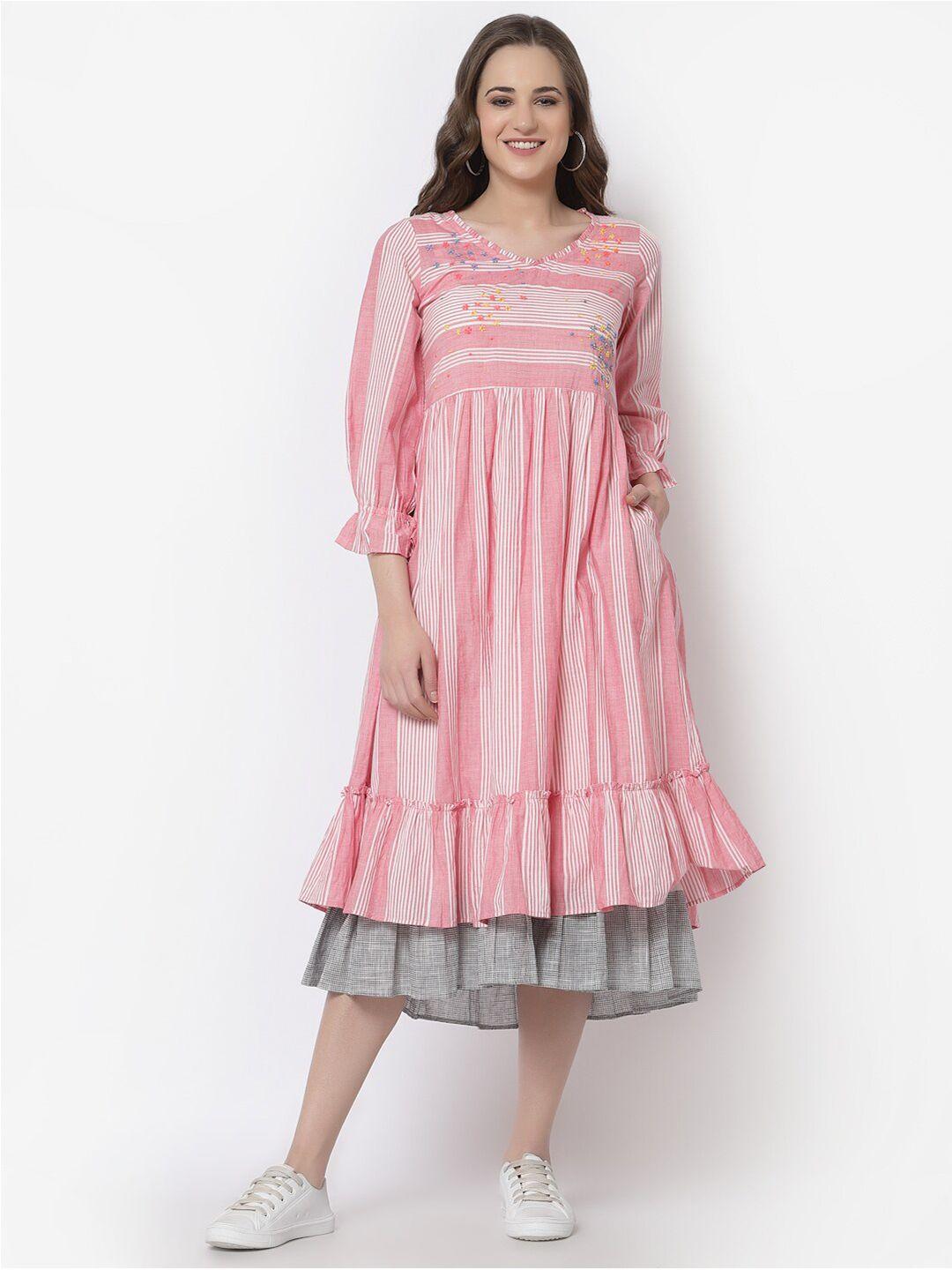 terquois women pink striped a-line cotton  casual midi dress