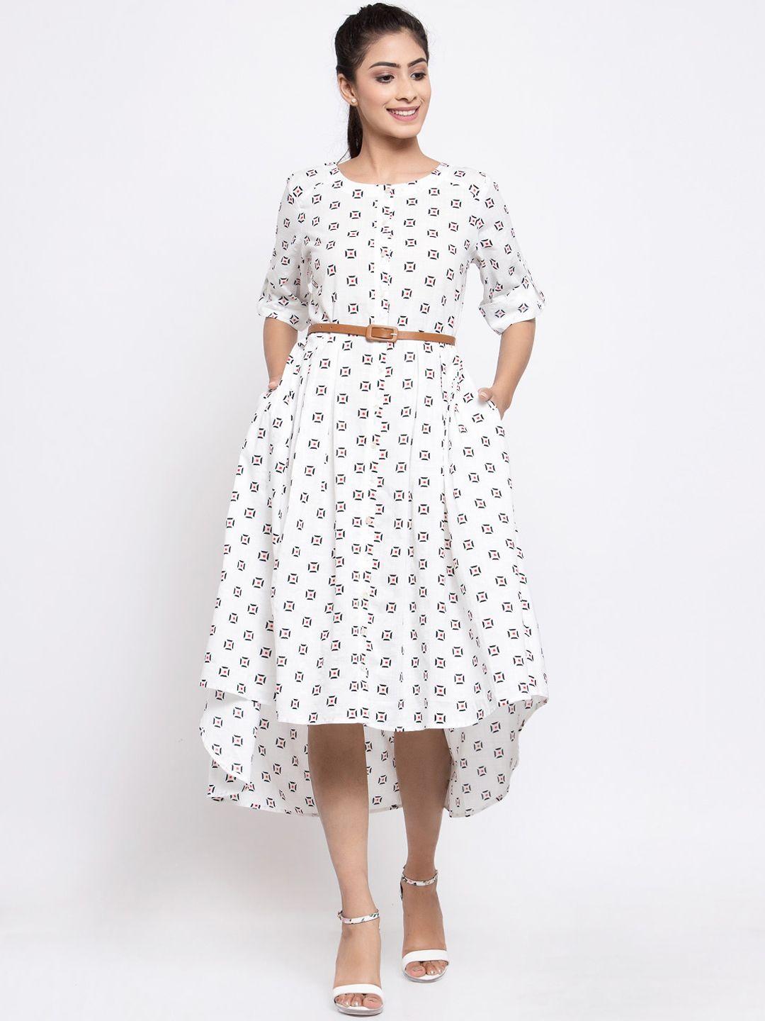 terquois women white printed cotton fit and flare dress