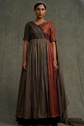 terracotta & light olive embroidered flared dress