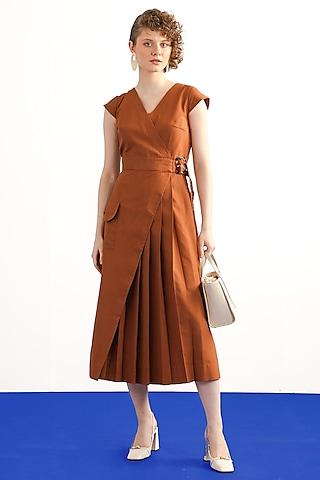 terracotta cotton pleated midi dress