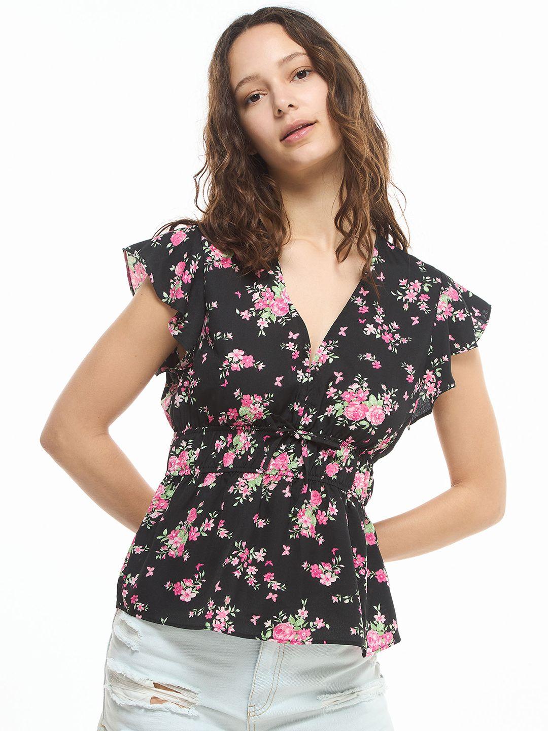 terranova floral print flutter sleeve cinched waist top