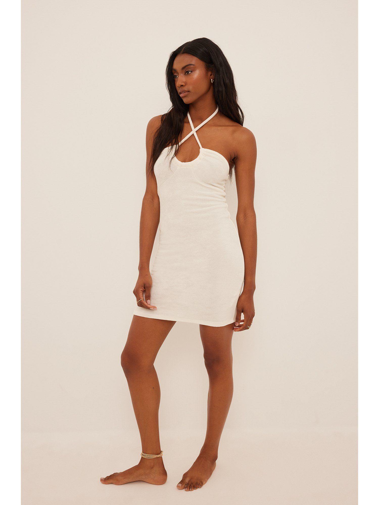 terry cloth halter neck mini dress-off-white