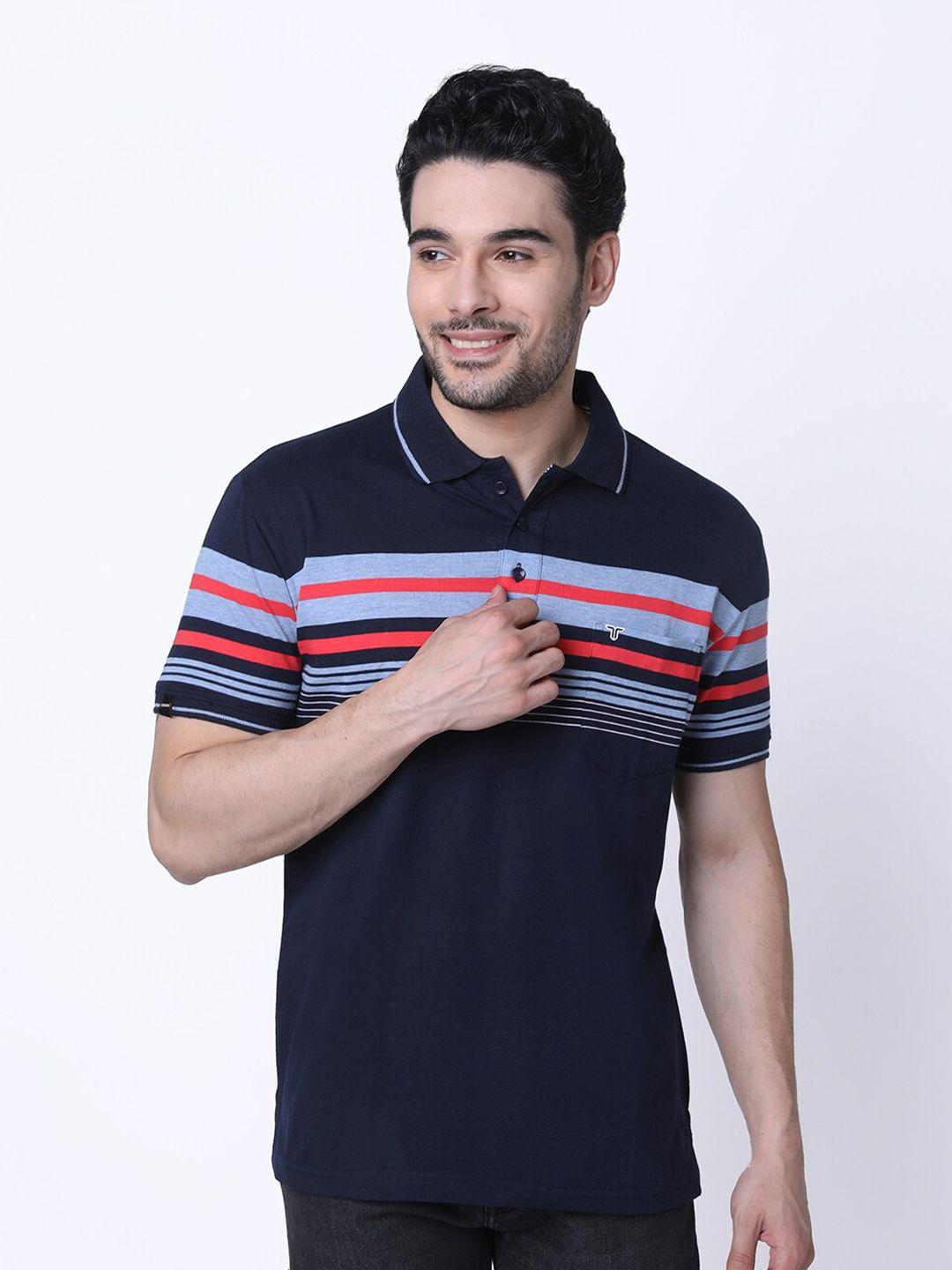 tessio men navy blue striped polo collar pockets t-shirt