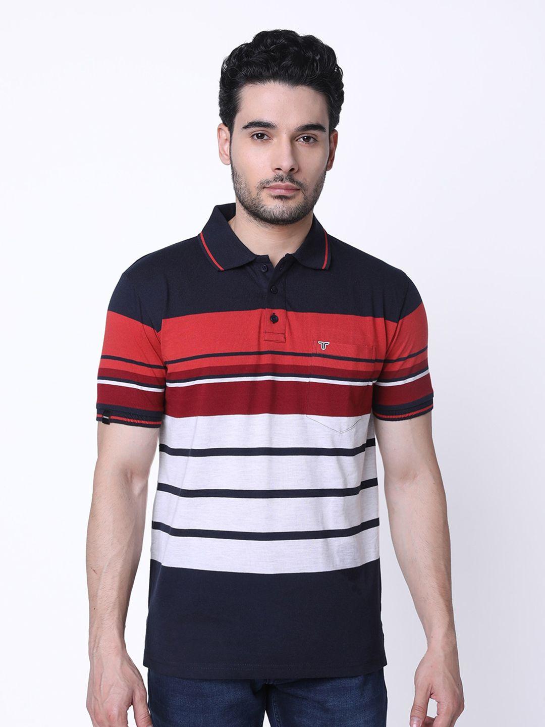 tessio men pink striped polo collar pockets t-shirt