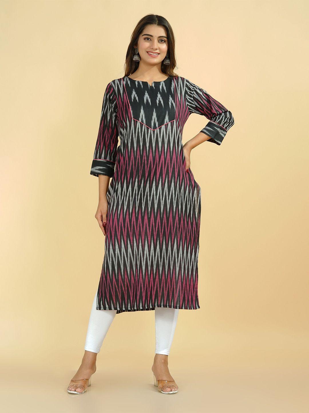 tetalee women black & maroon chevron ikat printed straight fit cotton kurta